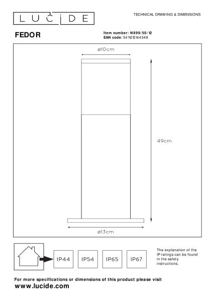 Lucide FEDOR - Bollard light - 1xE27 - IP44 - Satin Chrome - technical